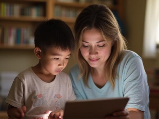 Volunteer teaching a child to use a tablet during an Initiative program